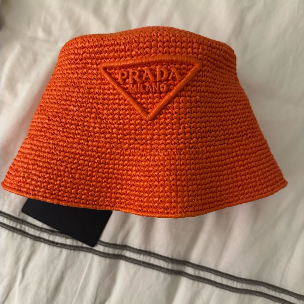 Prada Orange Wide Brim Raffia Bucket Hat